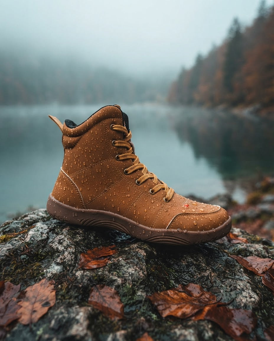 Canyon Barefoot Boots close-up on a wet rock by a misty lake