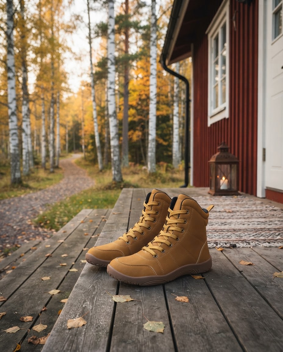 Canyon Barefoot Boots på verandan till en röd svensk stuga i höstskog