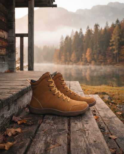 Canyon Barefoot Boots on a wooden porch by a mountain lake