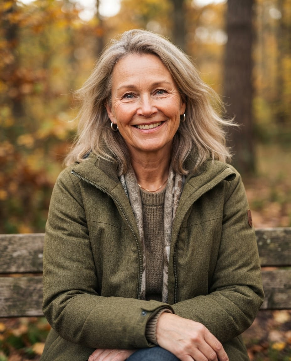 Portrait av Birgitta, sjuksköterska, i höstjacka