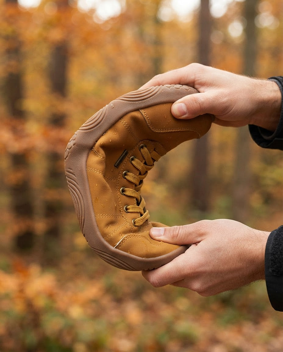 Händer böjer en Canyon Barefoot Boot för att visa den flexibla sulan