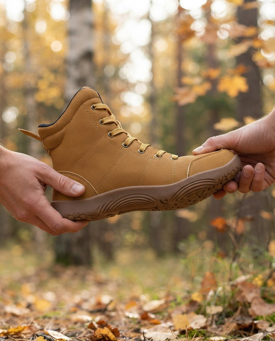 Händer böjer Canyon Barefoot Boot något för att visa den flexibla sulan