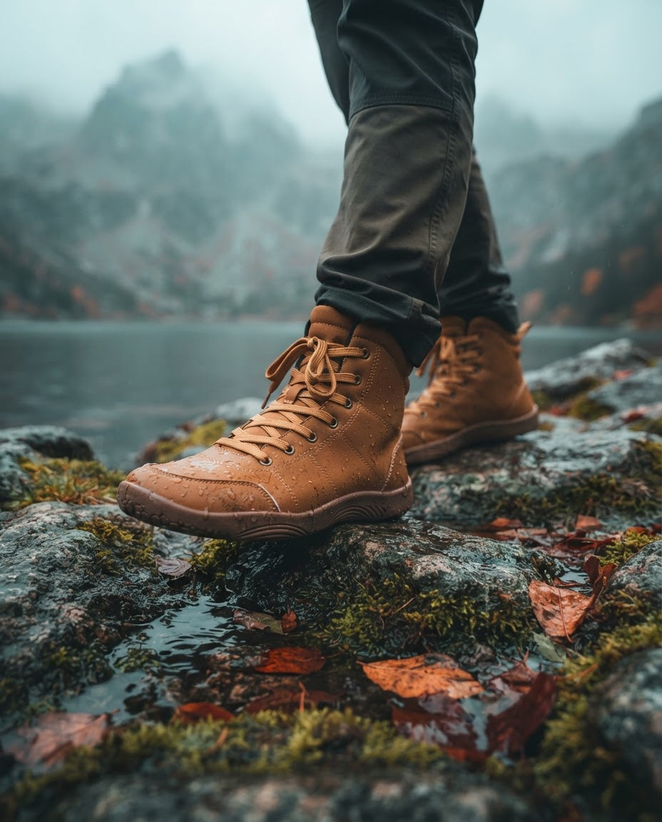 Person i Canyon Barefoot Boots på våta klippor vid en dimmig bergssjö på hösten